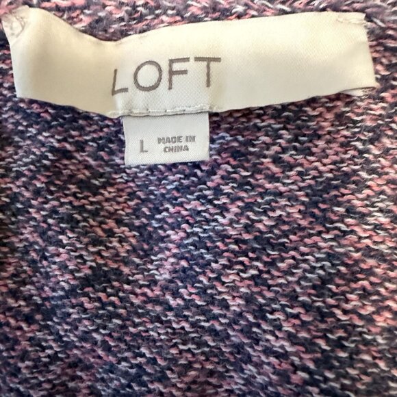 Loft Womens Long Puff Sleeve Sweater L Pink Gray Heathered Scalloped Preppy Boho - Picture 8 of 10